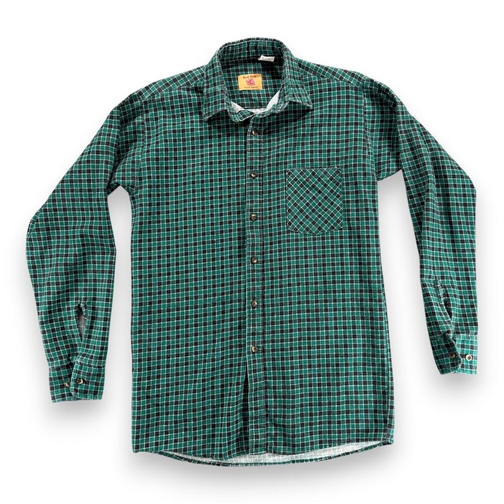 Vintage Red Oak Shirt Adult SMALL Green Black Checkered Flannel Ranch USA 90s